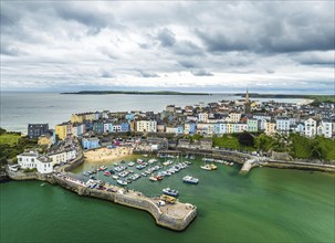 City view over Harbour and Marina from a drone, Tenby, Pembrokeshire, Wales, England, United