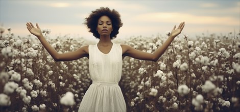 Contemplative mysterious african american woman standing amidst the cotton field. generative AI