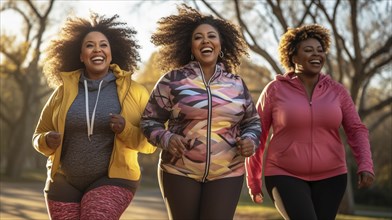 Happy over weight african american female friends enjoying a healthy run in the park together.