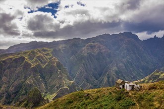 Little house in rock vegetation. San Antao. Cabo Verde. Africa