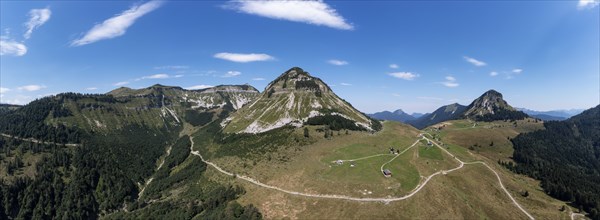 Drone shot, panorama shot, mountain landscape, Genneralm with Gennerhorn and Holzeck,