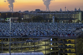 Full car park P2, at Cologne-Bonn Airport, behind car park P3 and the Cologne skyline, North