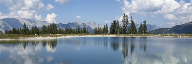 Reservoir pond at Gschwandtkopf, Karwendel Mountains, Alps, Seefeld, Tyrol, Austria, Europe