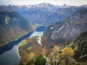 View from Mooslahnerkopf to Königssee in autumn, Berchtesgaden National Park, Bavaria, Germany,