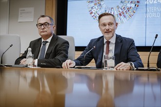 Christian Lindner (FDP), Federal Minister of Finance, photographed during the IMF press conference