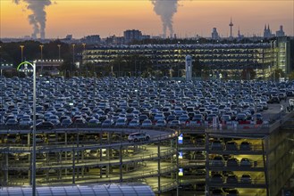 Full car park P2, at Cologne-Bonn Airport, behind car park P3 and the Cologne skyline, North