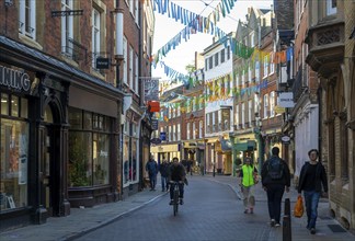 Shoppers in pedestrianised street in city centre, Trinity Street, Cambridge, Cambridgeshire,