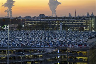 Full car park P2, at Cologne-Bonn Airport, behind car park P3 and the Cologne skyline, North