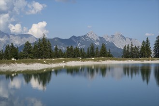 Reservoir pond at Gschwandtkopf, Karwendel Mountains, Alps, Seefeld, Tyrol, Austria, Europe