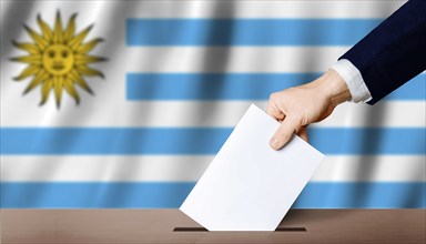 Uruguay Presidential elections. Hand holding ballot in voting ballot box with Uruguay flag in