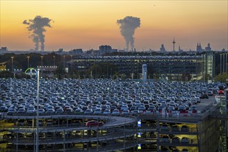 Full car park P2, at Cologne-Bonn Airport, behind car park P3 and the Cologne skyline, North