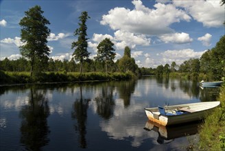 Moored boat in the Bolman river near the Swedish village Nottja