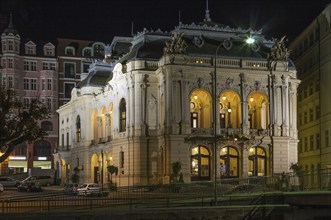 The Karlovy Vary theatre was built in the years 1884-1886 in Neo-Baroque style. Evening. Czech