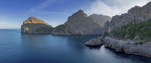 A panorama landscape view of the rugged and mountainous coastline at Sa Calobra in northern