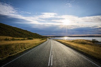 In the morning on the way to Husavik, Iceland, road, landscape, sea, sun, Europe