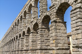 Segovia, Spain, 7 April, 2024: architectural detail view of the Aqueduct of Segovia, Europe