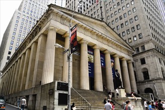 New York City, USA, June 20, 2018: Low angle view of Federal Hall National Memorial building in