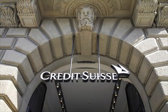 Zurich, Switzerland, Credit Suisse, company logo on the façade of the Credit Suisse Bank