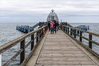 Sellin, Germany, August 1, 2019: Famous Sellin Seebruecke, Sellin Pier, a cloudy day of summer,