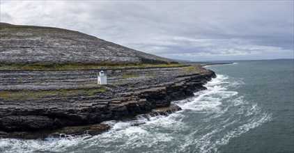 An aerial view of the Burren Coast in County Clare with the Black Head Lighthouse on the rocky