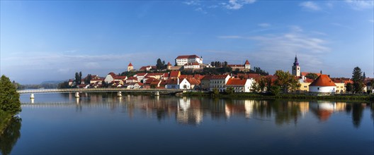 Ptuj, Slovenia, 11 October, 2022: panorama cityscape of Ptuj with the hilltop castle and