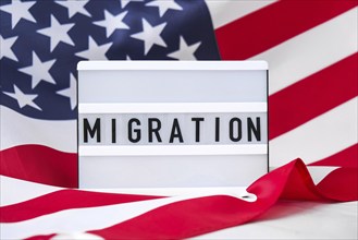 American flag. Lightbox with text MIGRATION Flag of the united states of America. July 4th