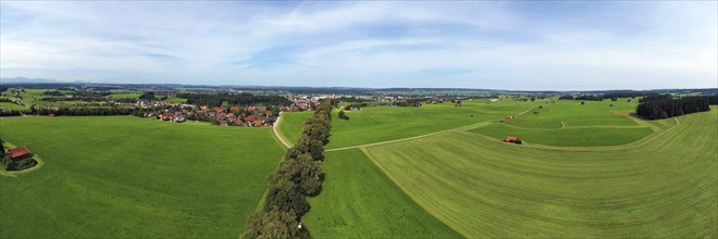 Aerial view of Lindenallee in Marktoberdorf with a view of the historic castle. Marktoberdorf,