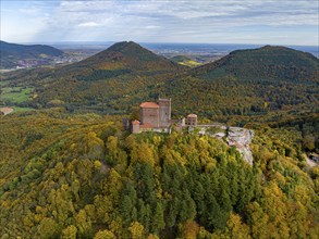 Aerial view, Reichsburg Trifels, Annweiler, Palatinate, Rhineland-Palatinate Forest in autumn,