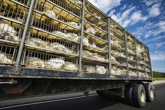 Low angle and side view of a transportation turkey truck on the roads, lot of white turkeys in