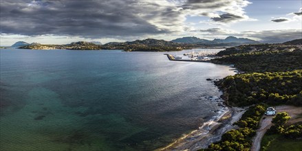 A panorama view of the coast and harbor of Portisco in Sardinia