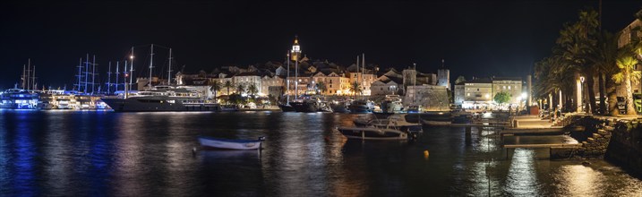 Ships in the harbour, Night shot, Panorama shot, Korcula, Island of Korcula, Dalmatia, Croatia,