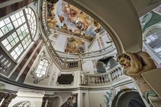 Frescoes in the Baroque staircase from 1723, Wurzach Castle, Bad Wurzach, Allgäu,