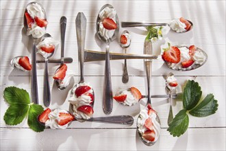 Presentation of the strawberries with cream spoons on various