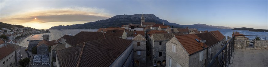 Evening mood in front of sunset, old town of Korcula, panoramic shot, island of Korcula, Dalmatia,