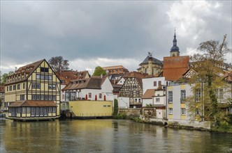 Embankment dam on Regnitz river in Bamberg city center, Germany, Europe