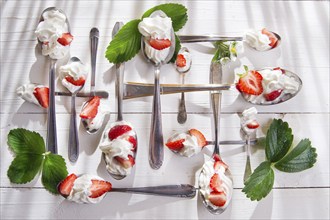 Presentation of the strawberries with cream spoons on various