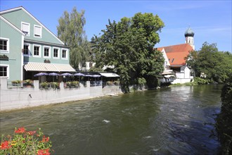 View over the Amper river to St, Magdalena church, Fürstenfeldbruck, Upper Bavaria, Bavaria,