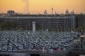 Full car park P2, at Cologne-Bonn Airport, behind car park P3 and the Cologne skyline, North