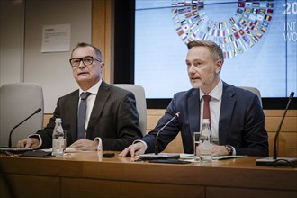 Christian Lindner (FDP), Federal Minister of Finance, photographed during the IMF press conference