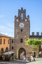 The clock tower in the medieval Gradara Castle, Marche, Italy, Europe