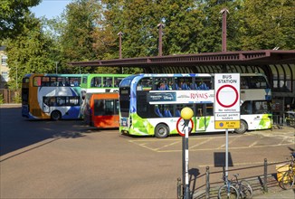 Double-decker busses in city centre bus station, Cambridge, Cambridgeshire, England, UK