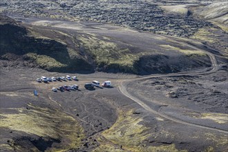 Parking lot at mt. Laki, Laki crater or Lakagígar, series of craters, interior highlands of