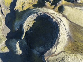 Moss-covered Laki crater or Lakagígar, series of craters, aerial view, interior highlands of