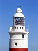 Red and white striped lighthouse at Europa Point, Gibraltar, British territory in southern Spain,