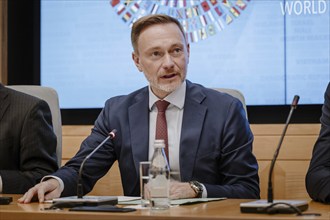 Christian Lindner (FDP), Federal Minister of Finance, photographed during the IMF press conference