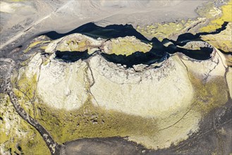 Moss-covered Laki crater or Lakagígar, series of craters, aerial view, interior highlands of