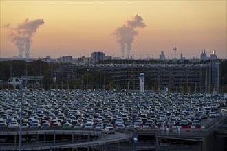 Full car park P2, at Cologne-Bonn Airport, behind car park P3 and the Cologne skyline, North