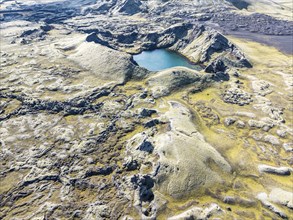 Moss-covered Laki crater or Lakagígar, series of craters, aerial view, interior highlands of