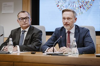 Christian Lindner (FDP), Federal Minister of Finance, photographed during the IMF press conference