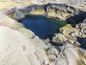 Lake in Tjarnargigur crater, moss-covered Laki crater or Lakagígar, series of craters, aerial view,